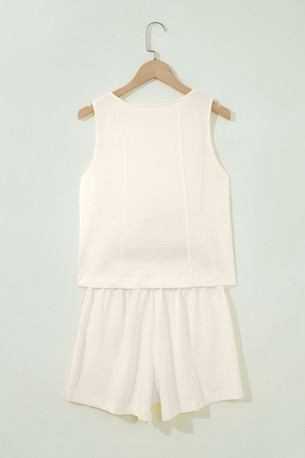 Beige Stitched Detail Loose Tank Top Cotton 2pcs Short Set