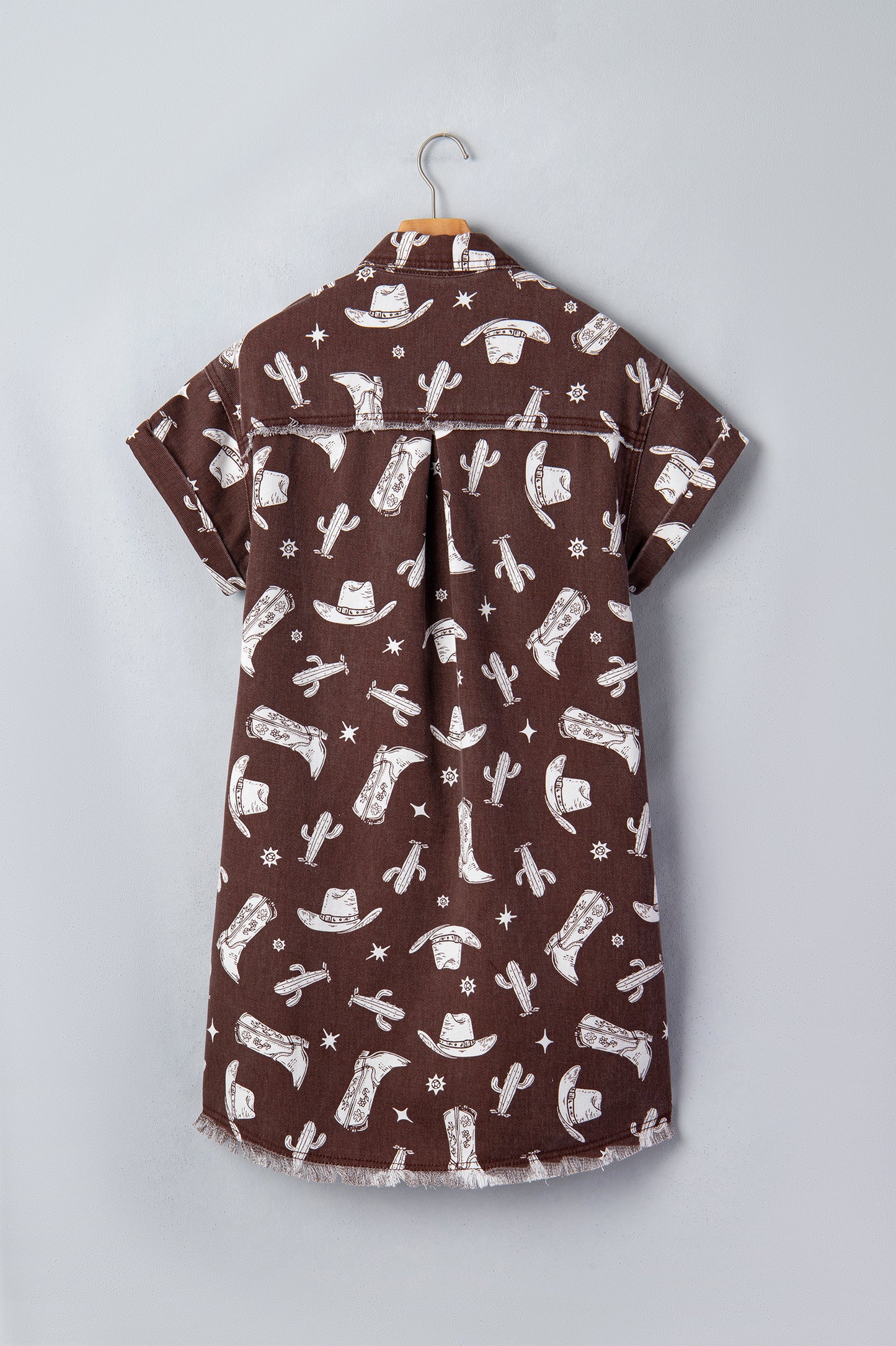 Brown Cowgirl Hats Boots Cactus Print Raw Edge Button Down Short Denim Dress