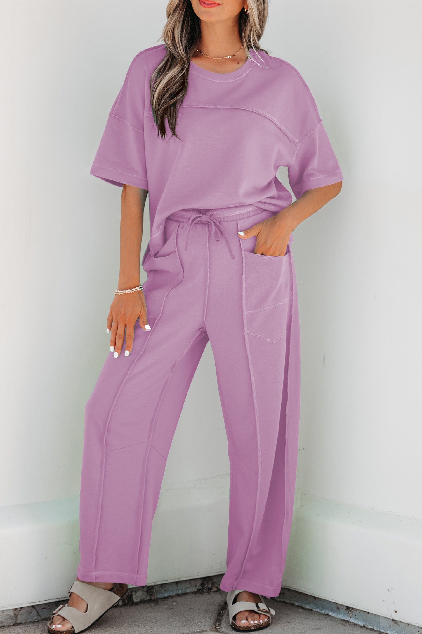 Orchid Bouquet Drop Shoulder Boxy Tee and Barrel Pants Set
