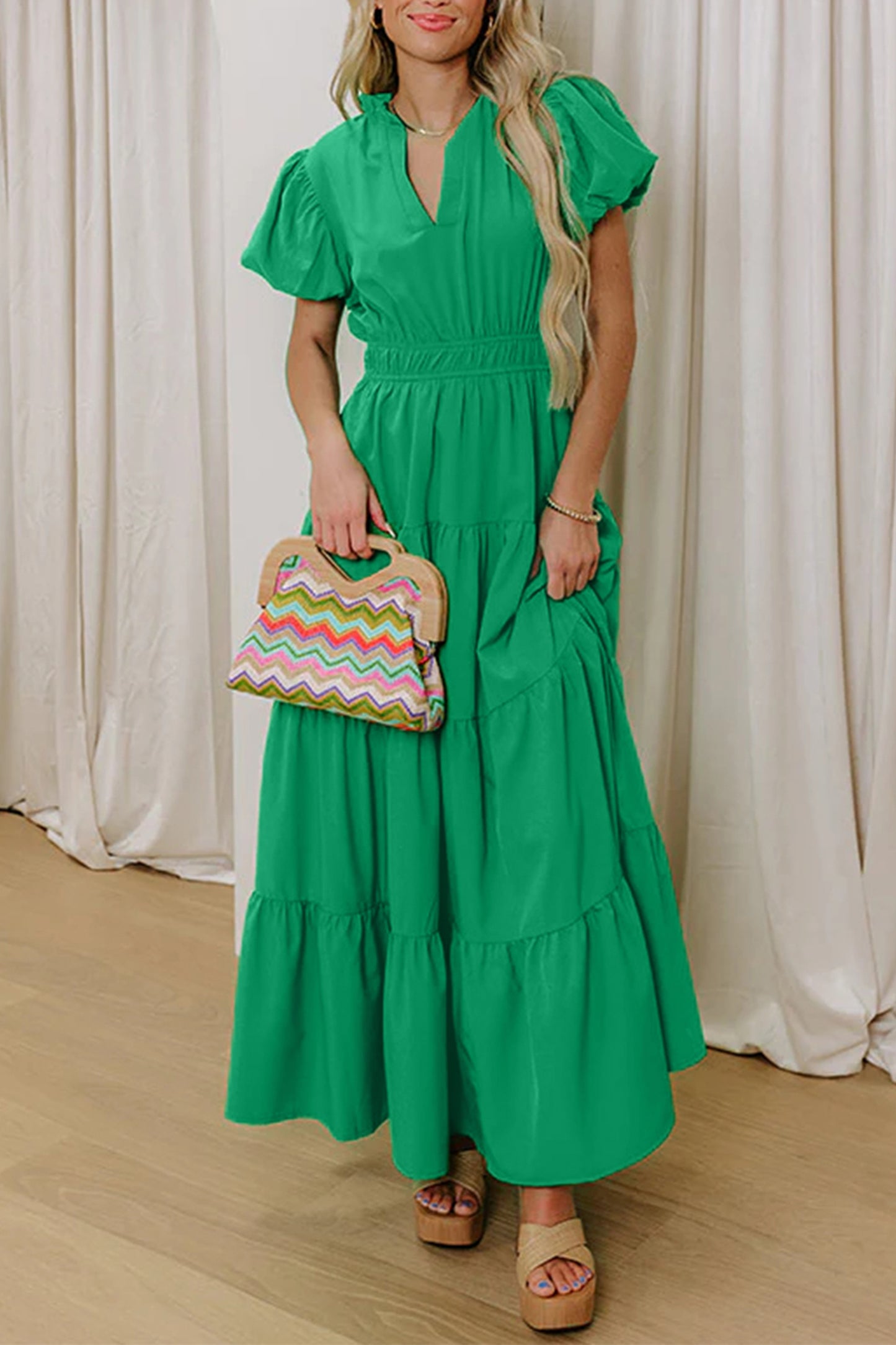 Gossamer Pink Solid Color V Neck Short Puff Sleeve High Waist Tiered Maxi Dress