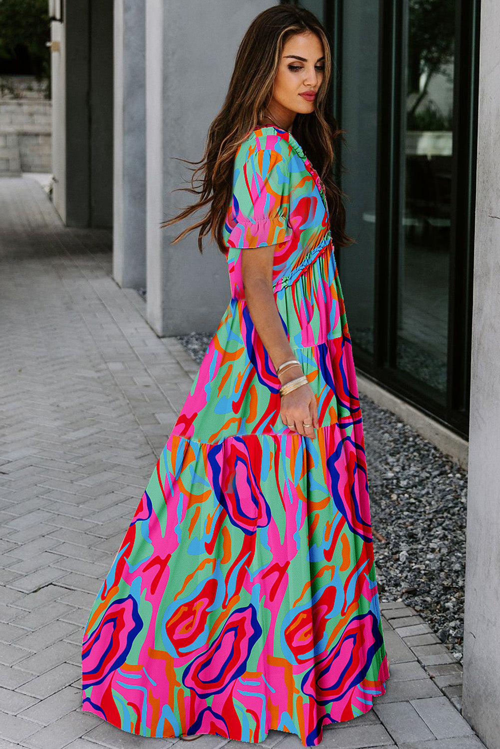 Black Fiery Floral Print Frilled V Neck Short Sleeve Maxi Dress