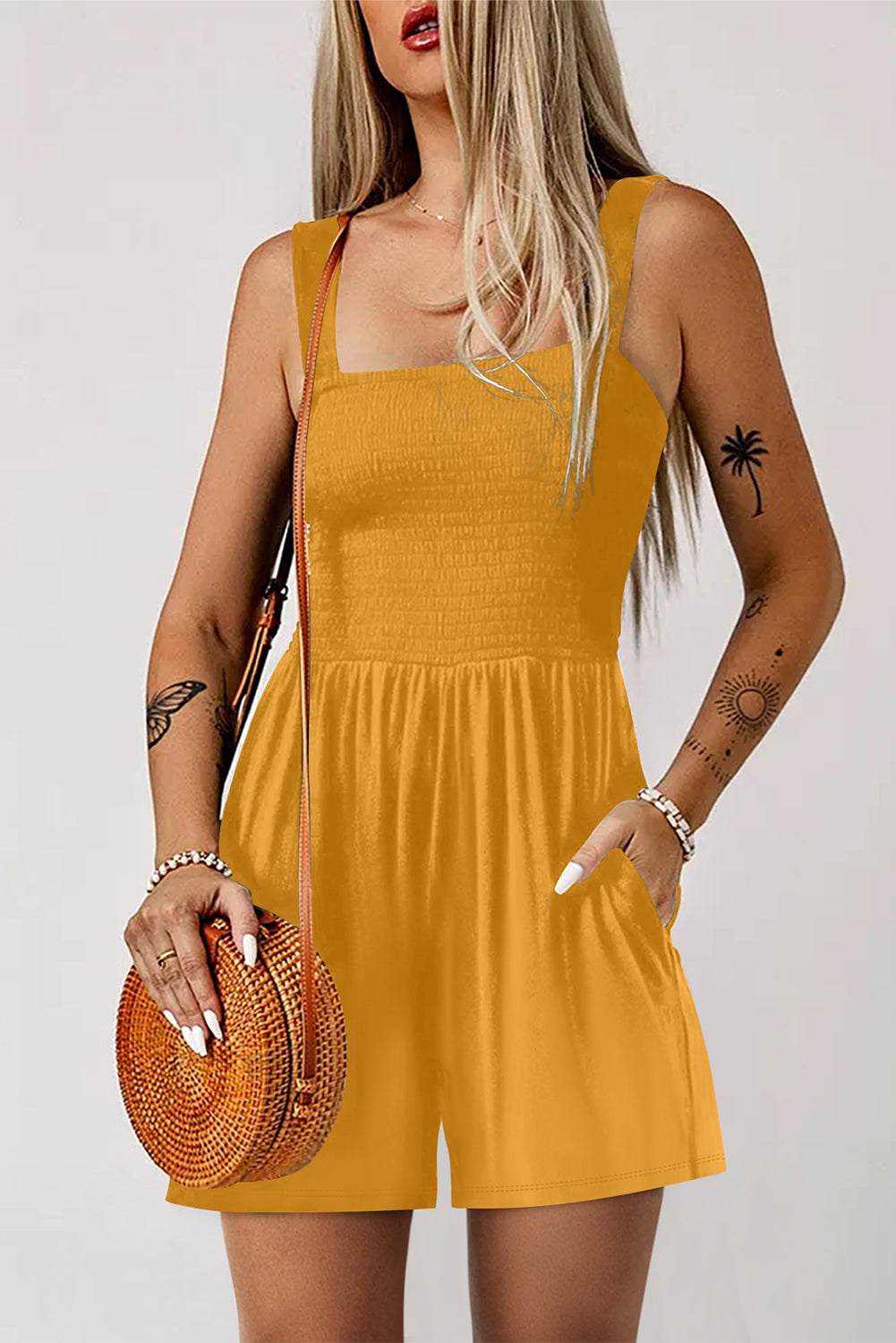 Casual Pocketed Smocked Sleeveless Romper