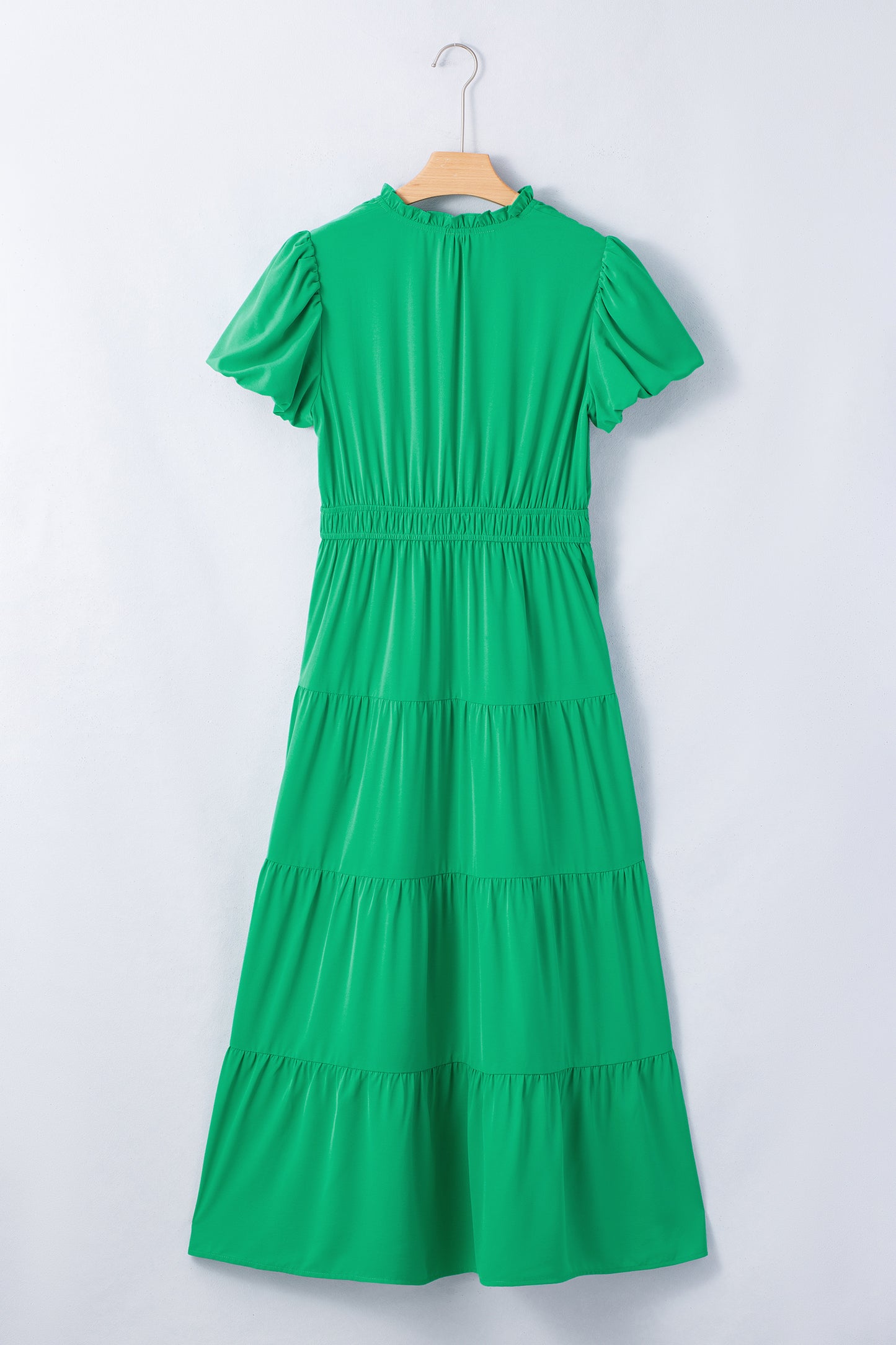 Gossamer Pink Solid Color V Neck Short Puff Sleeve High Waist Tiered Maxi Dress