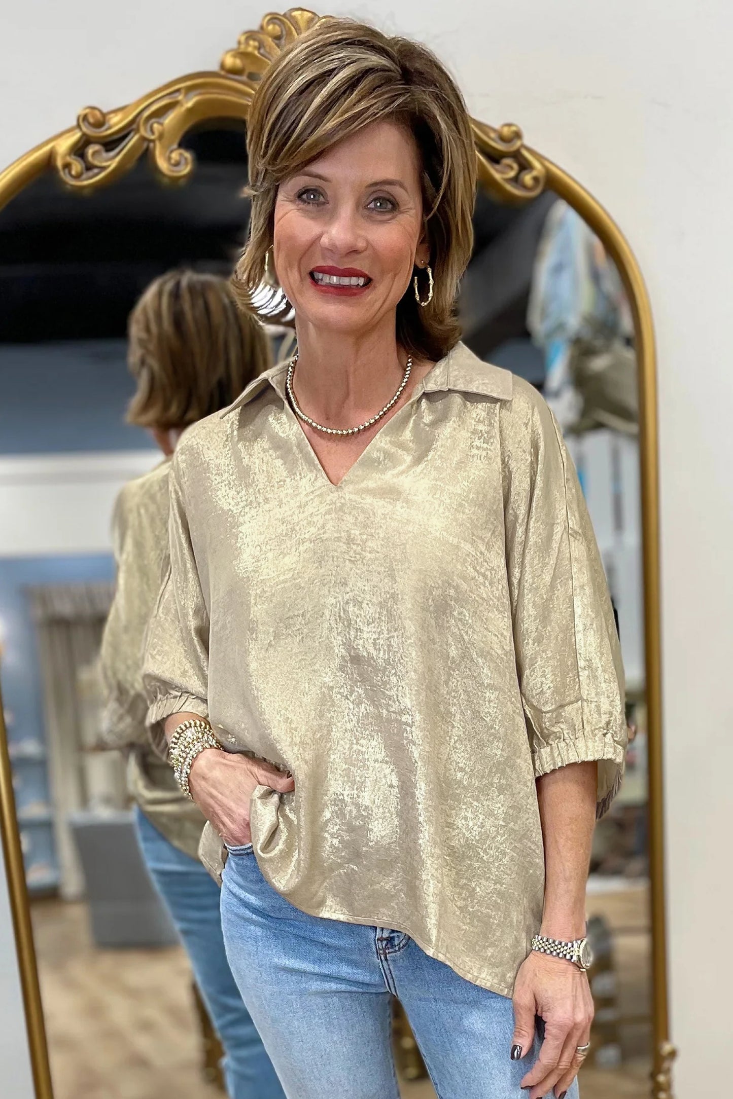 Strawberry Pink Collared V Neck Half Sleeve Metallic Top