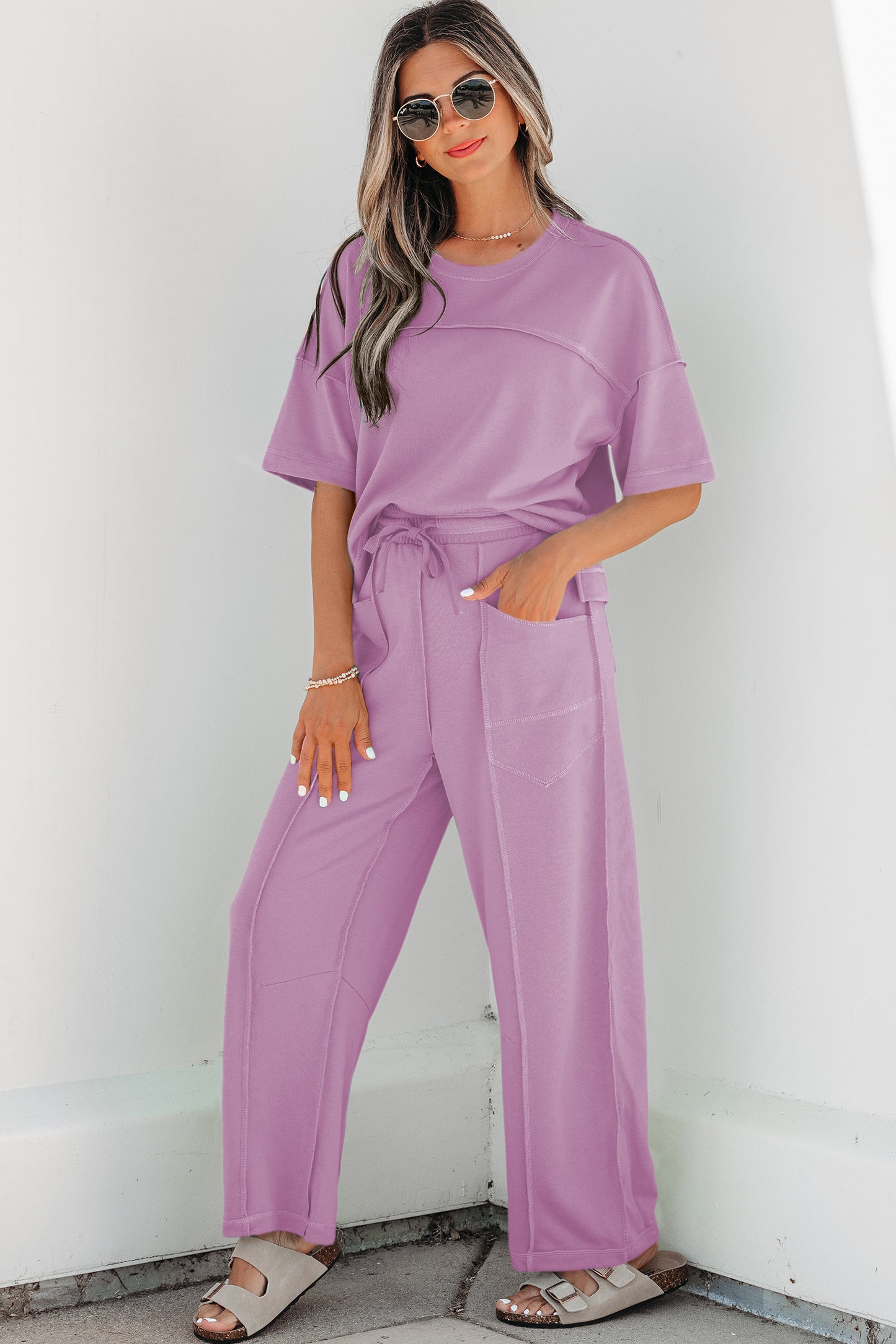 Orchid Bouquet Drop Shoulder Boxy Tee and Barrel Pants Set